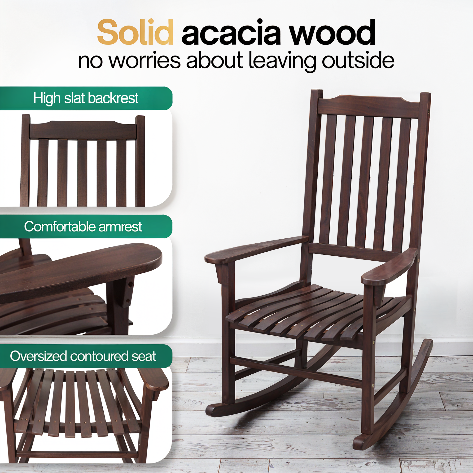 Tranquillo Oasis Wooden Rocking Chair for Patio, Porch, or Indoor Use