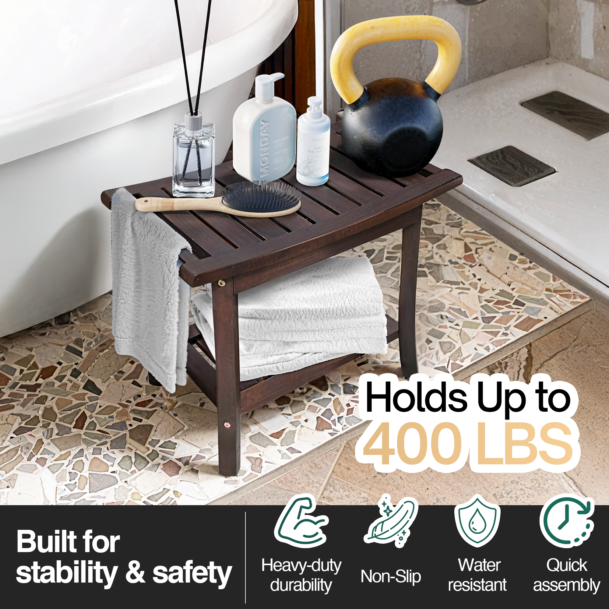 Tranquillo Wood Shower Bench, Shower Stool Wood