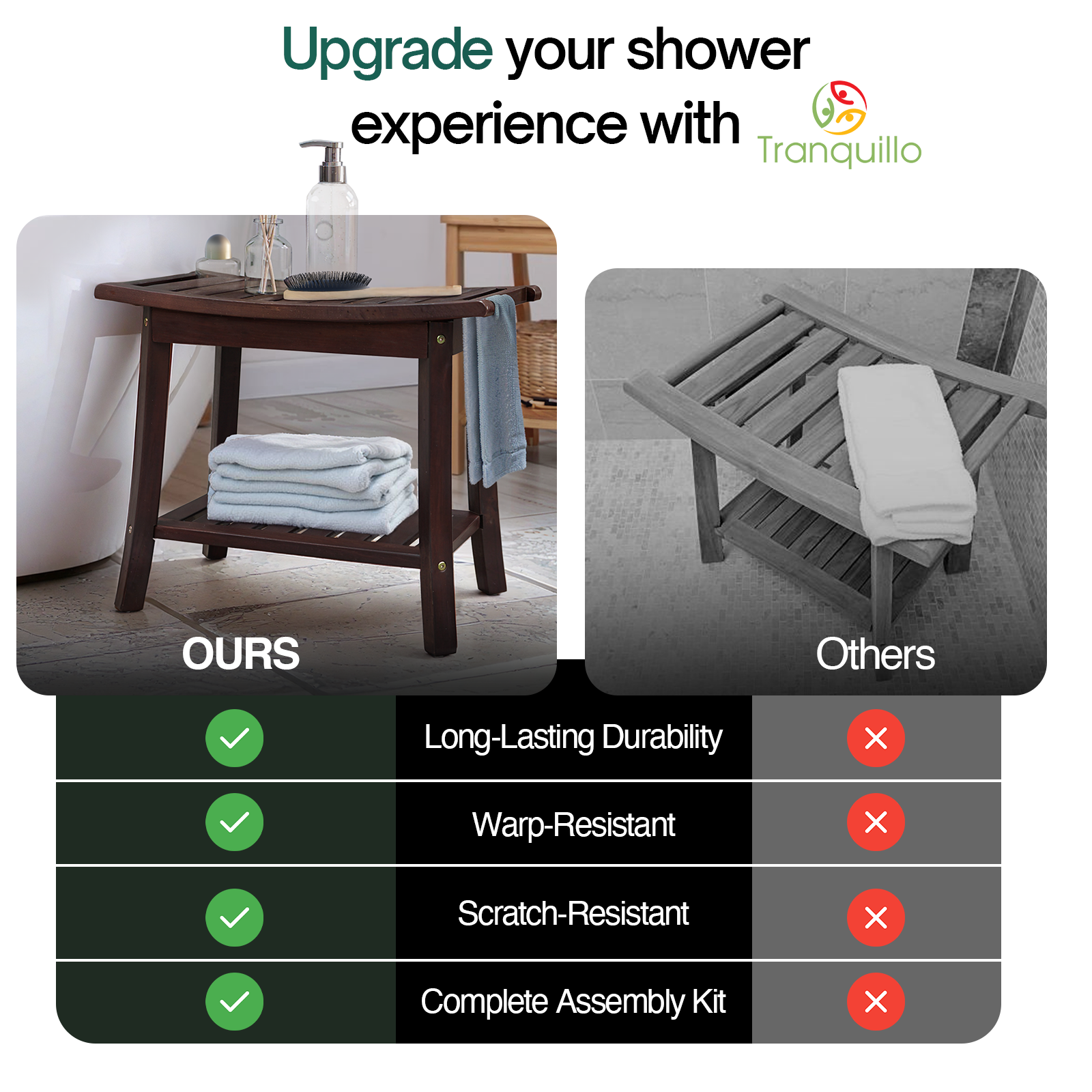Tranquillo Wood Shower Bench, Shower Stool Wood