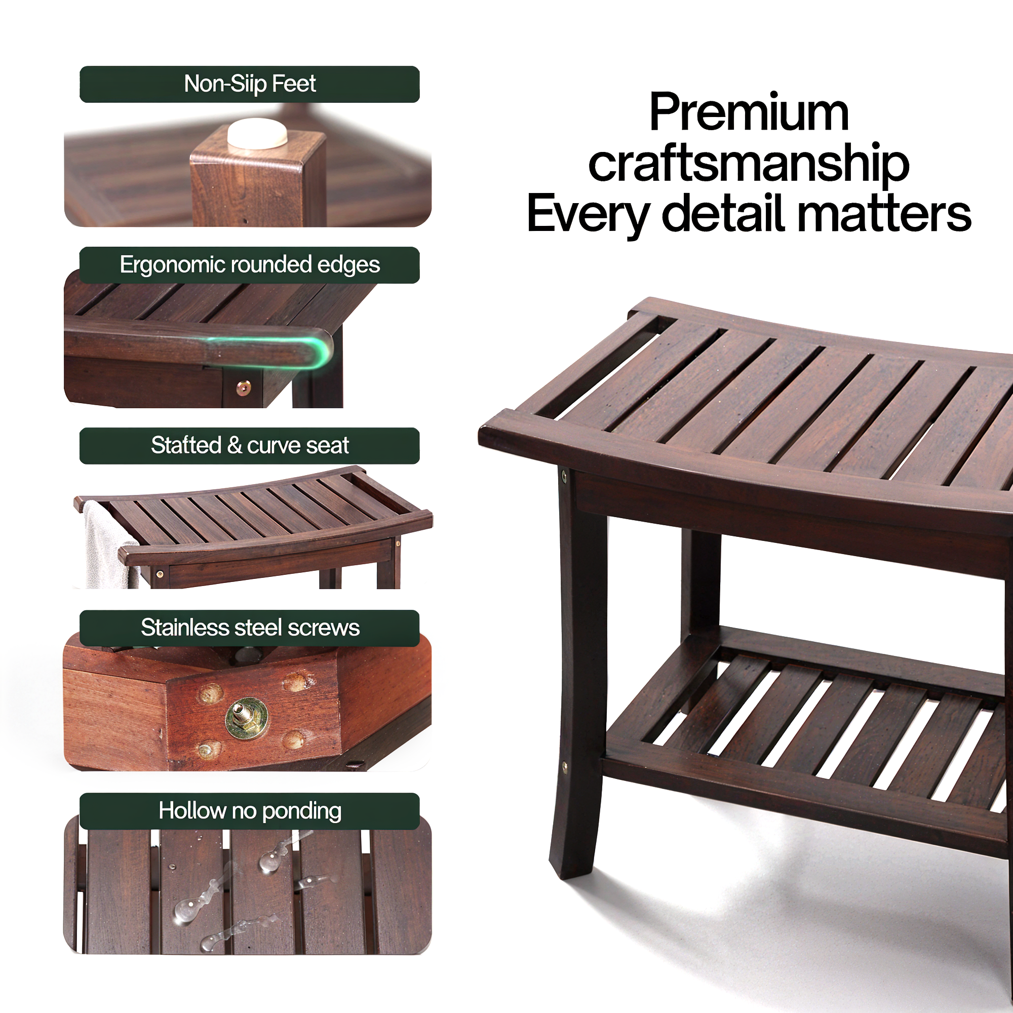 Tranquillo Wood Shower Bench, Shower Stool Wood