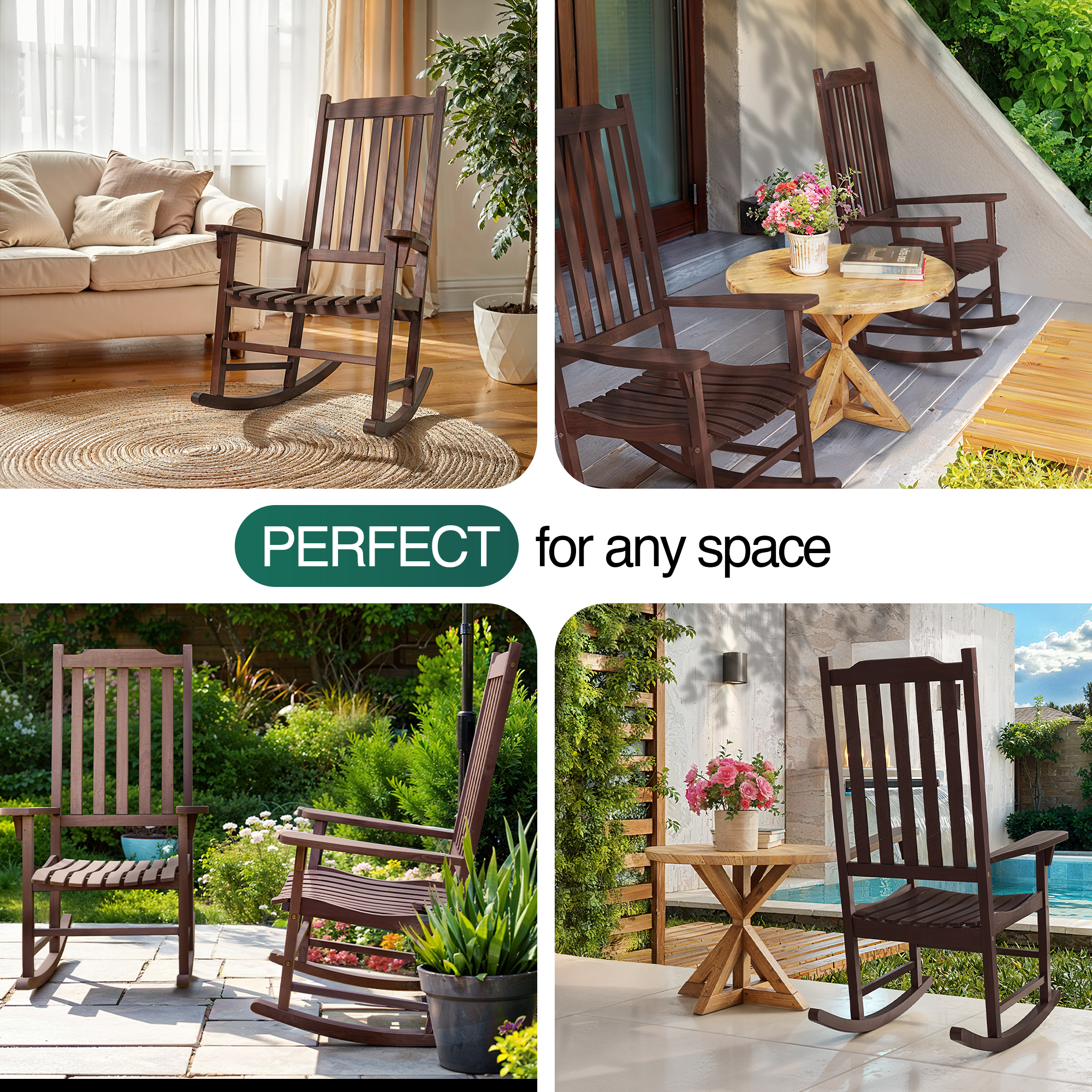 Tranquillo Oasis Wooden Rocking Chair for Patio, Porch, or Indoor Use