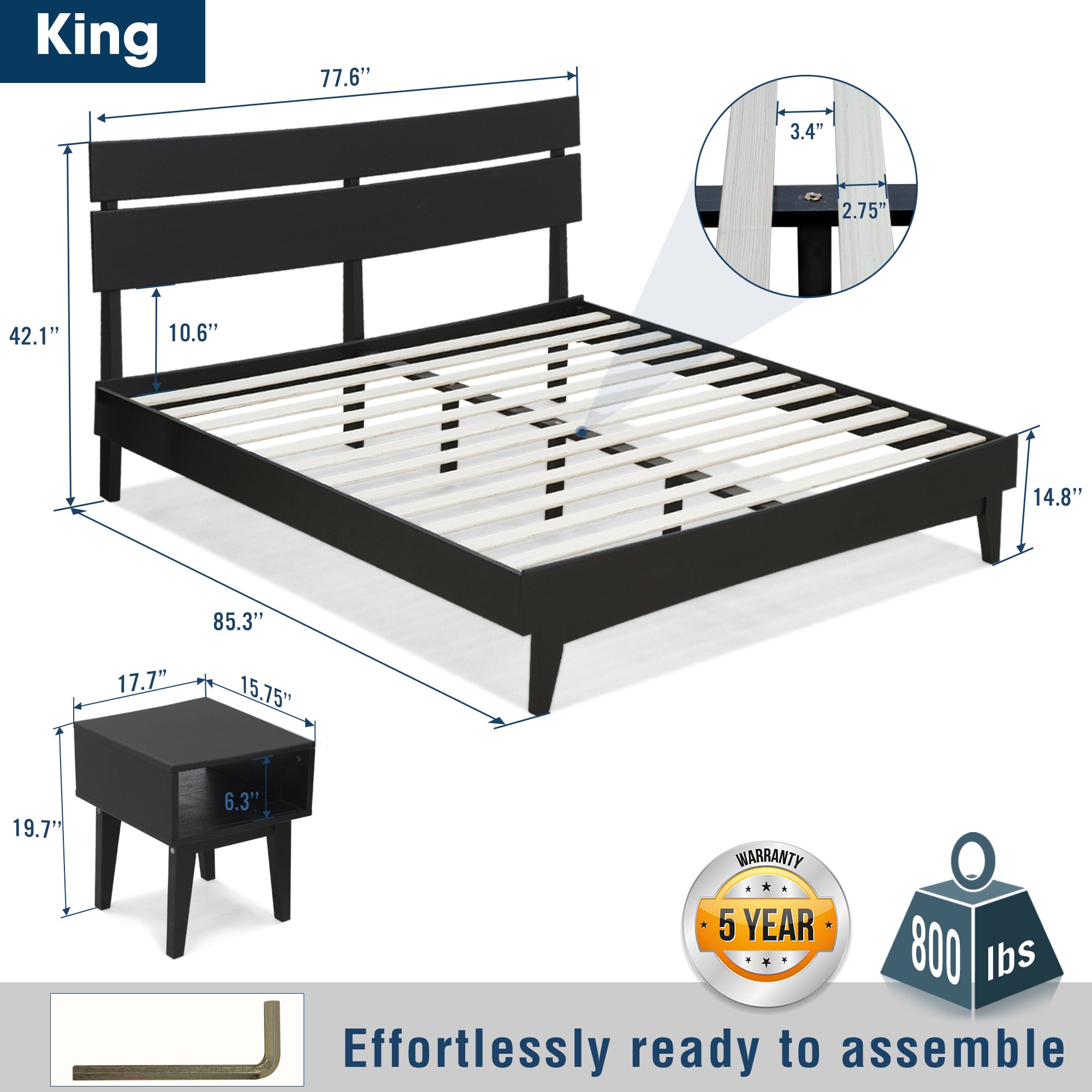 Aurora Solid Wood Bed Frame and Nightstand Bedroom Set