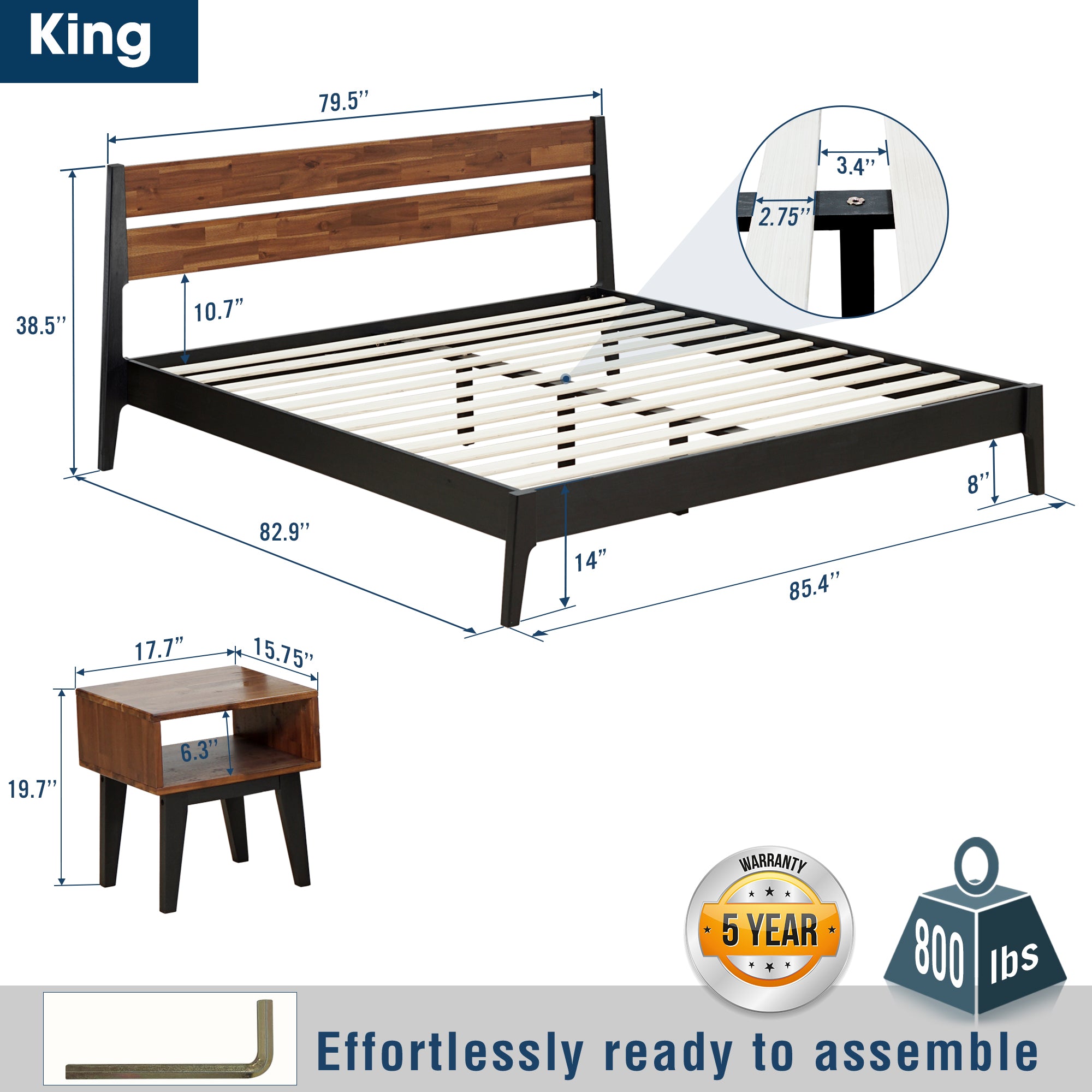 Callisto Solid Wood  Bed Frame and Nightstand Bedroom Set