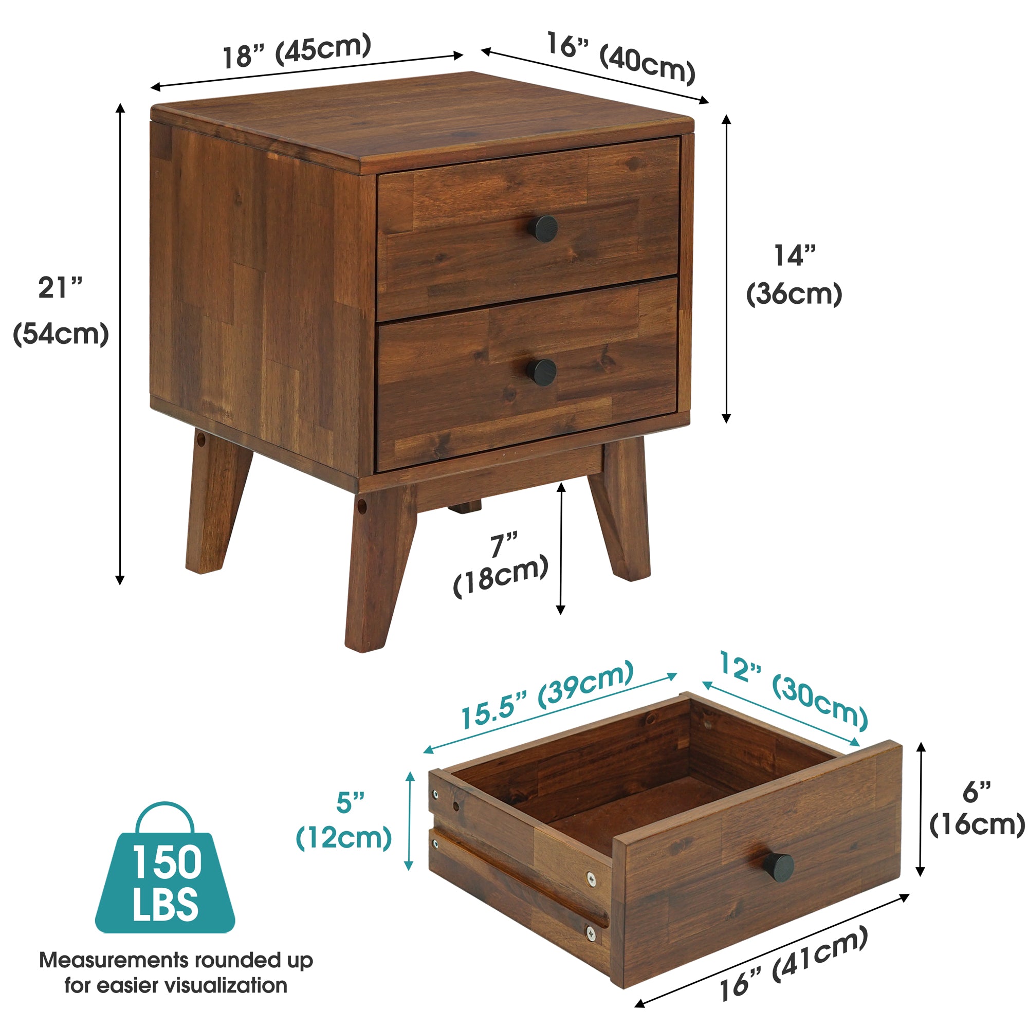 Silvia 2-Drawer Solid Wood Nightstand