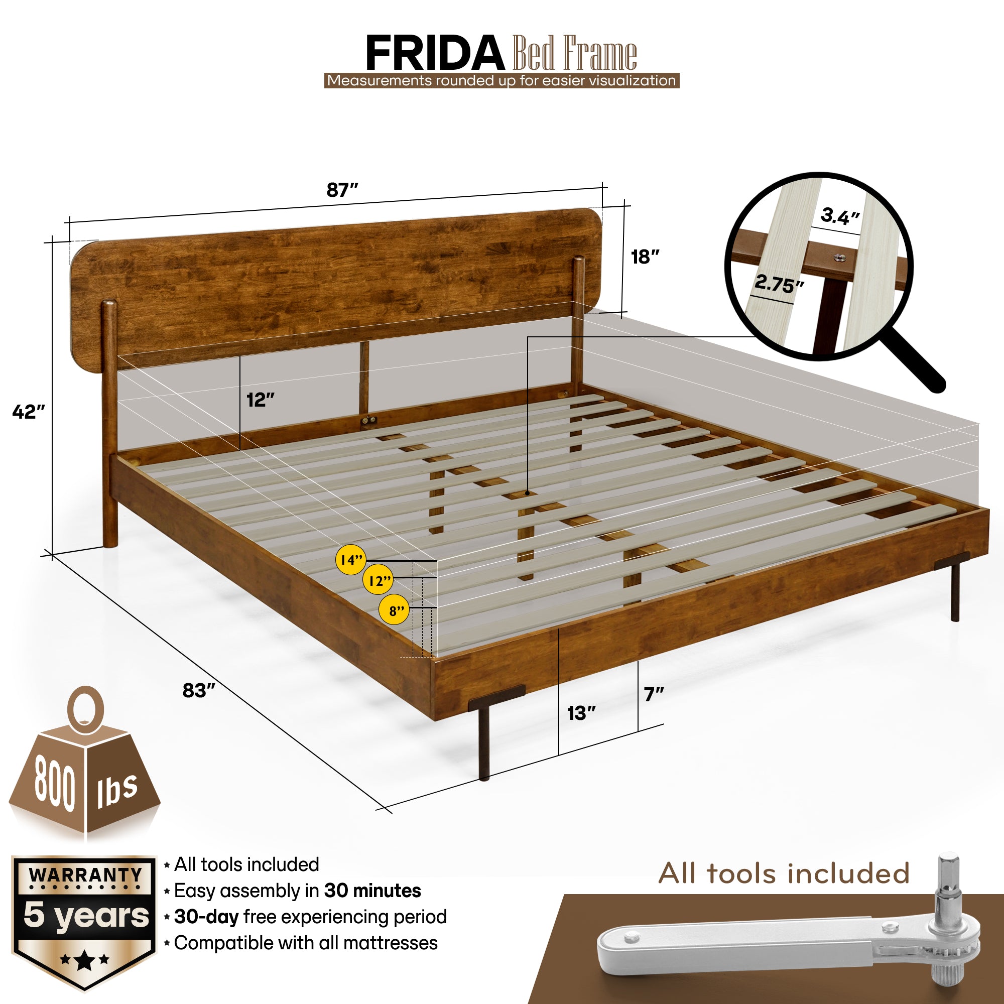 Frida Deluxe Solid Wood Bed Frame