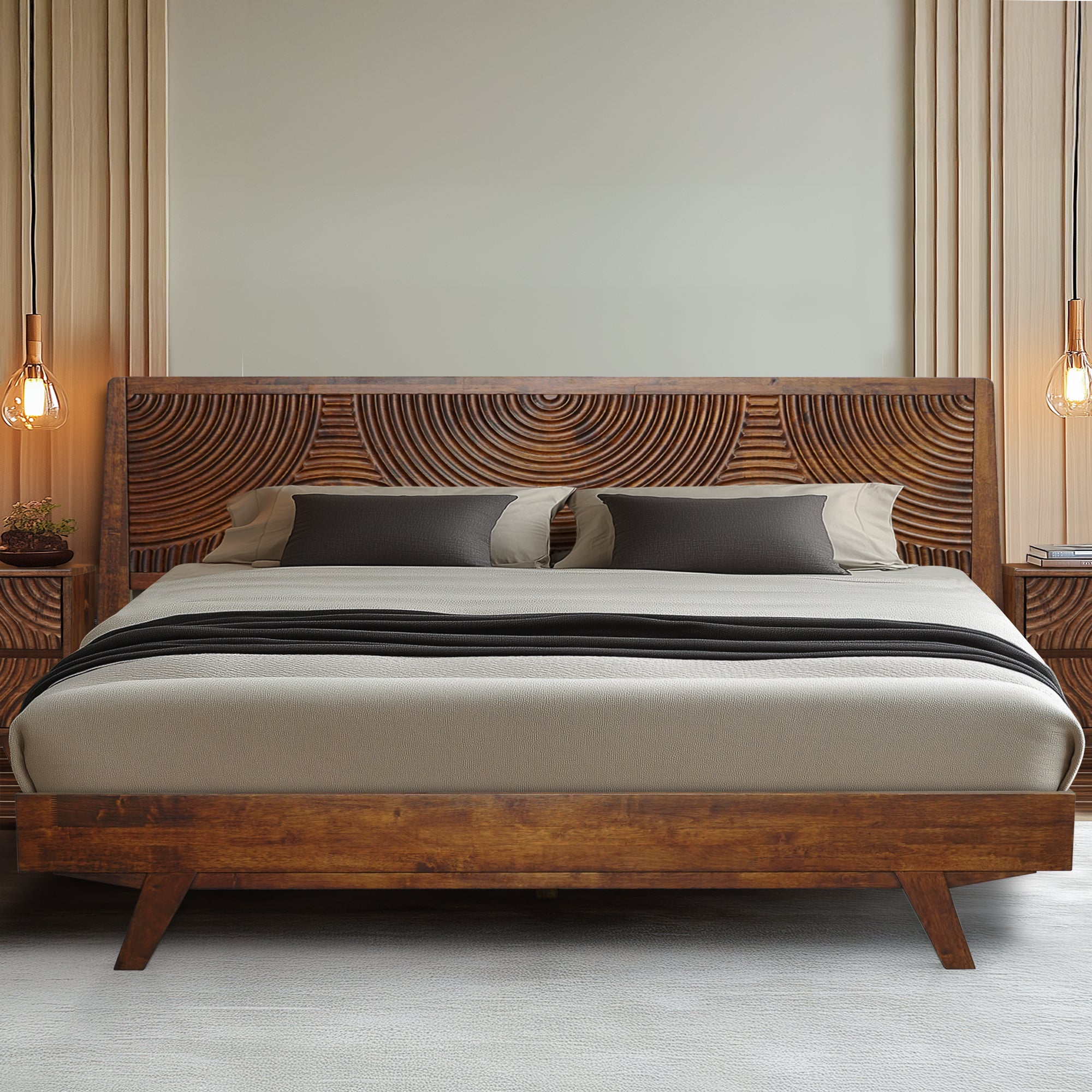 Acacia Harmony Solid Wood Platform Bed Frame with Headboard