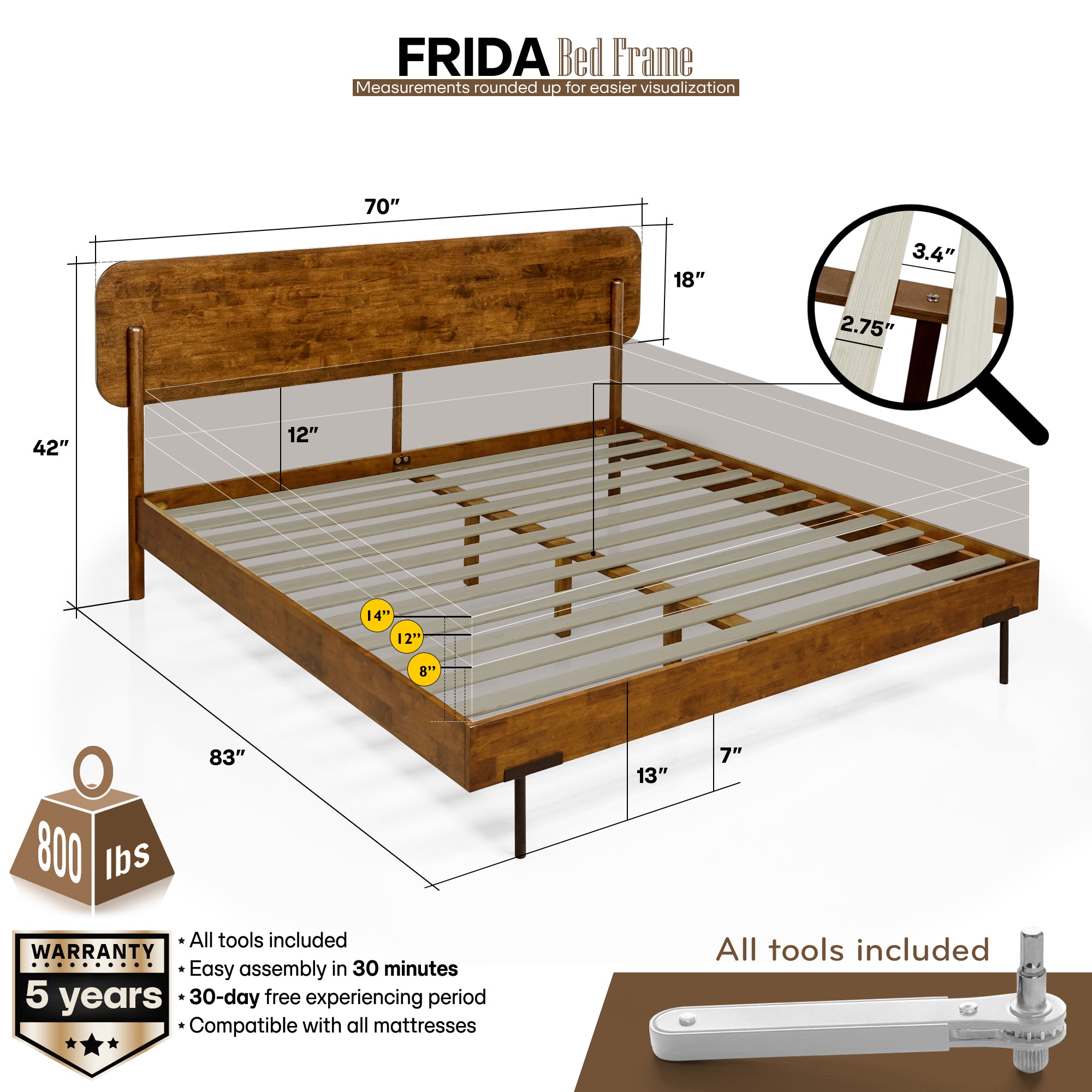 Frida Deluxe Solid Wood Bed Frame